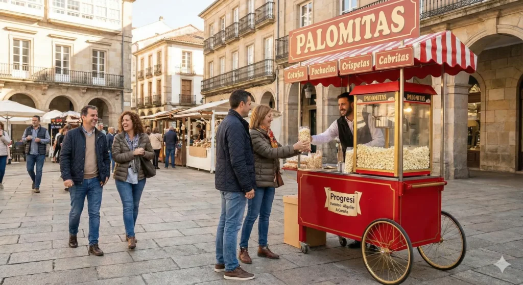Operador atendiendo a una pareja en una máquina de palomitas para eventos decorada con los diferentes nombres de las palomitas de maíz en el mundo.