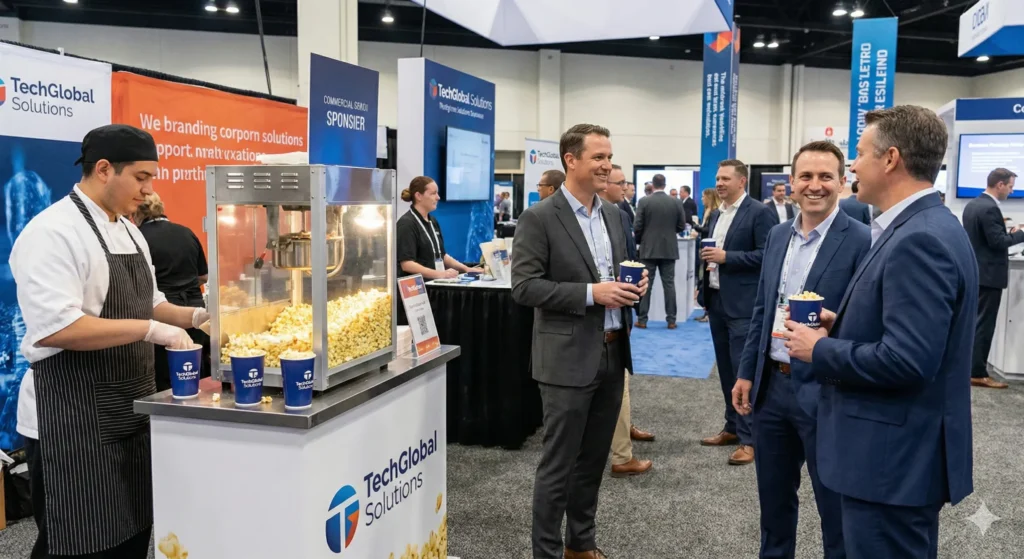 Empresarios conversando y disfrutando de palomitas para eventos corporativos servidas desde una máquina de palomitas para ferias en un stand comercial.
