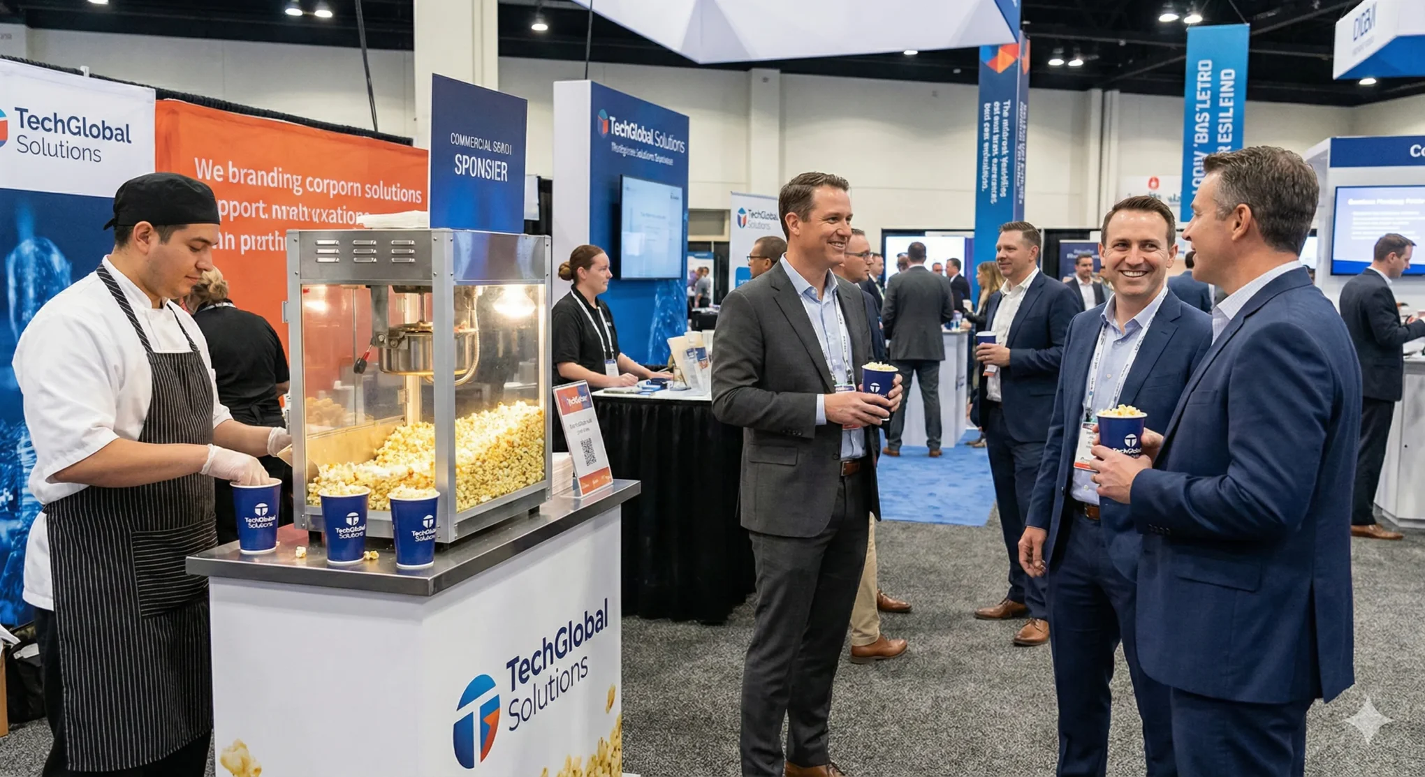 Empresarios conversando y disfrutando de palomitas para eventos corporativos servidas desde una máquina de palomitas para ferias en un stand comercial.