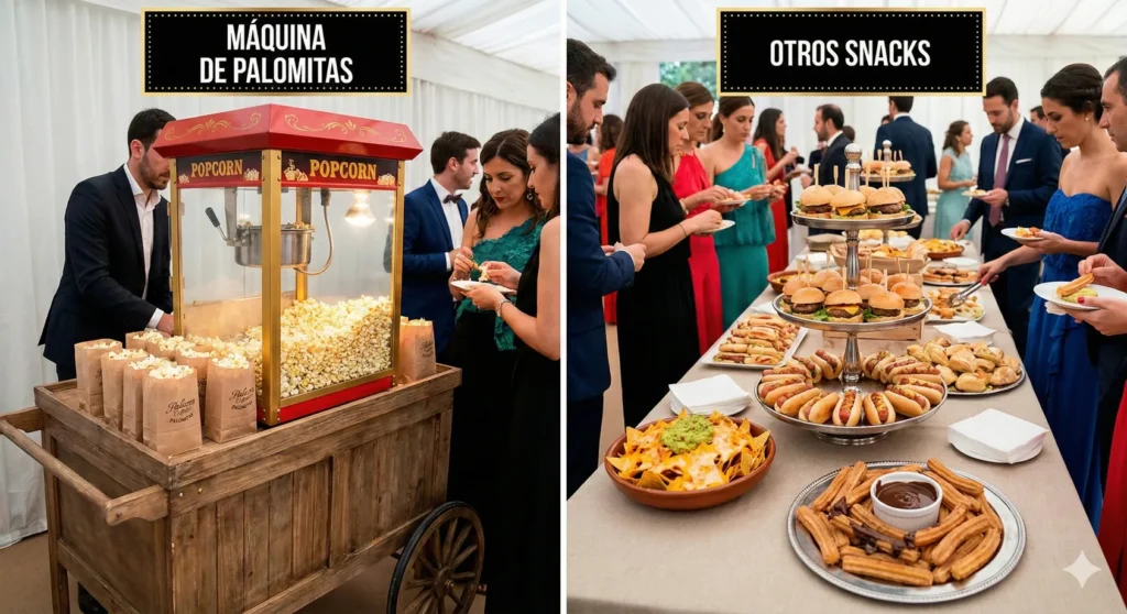 Comparativa visual de una máquina de palomitas para fiestas frente a una mesa buffet con otras ideas de comida para celebraciones y los mejores snacks para eventos.