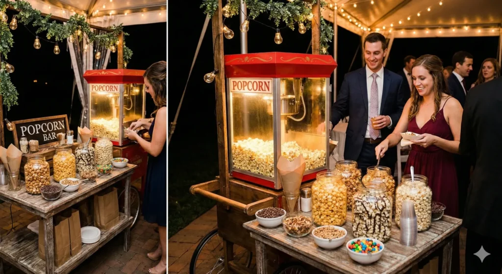 Invitados sirviéndose en un elegante popcorn bar para fiestas desde una mesa de palomitas para eventos con variedad de toppings