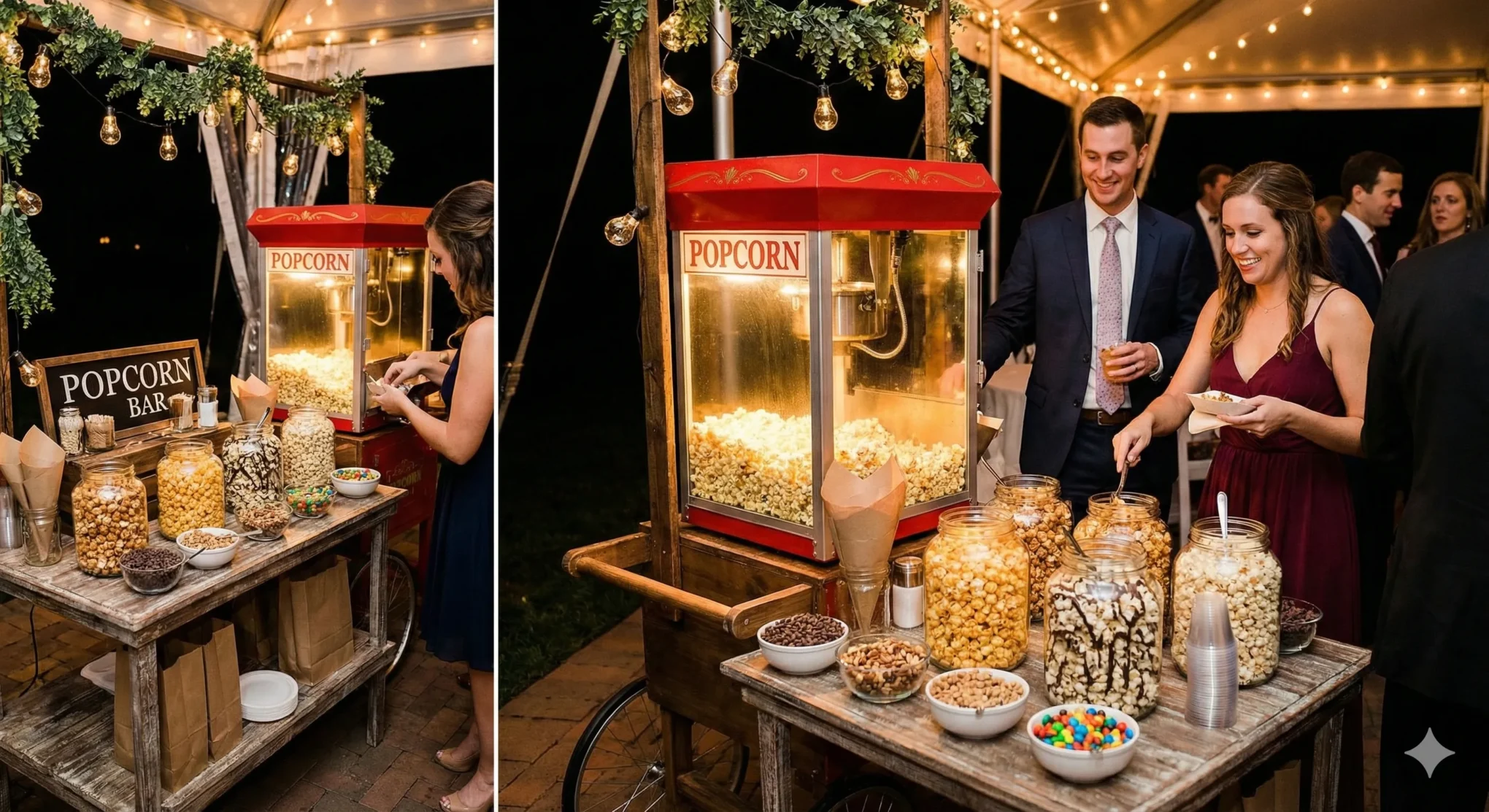 Invitados sirviéndose en un elegante popcorn bar para fiestas desde una mesa de palomitas para eventos con variedad de toppings